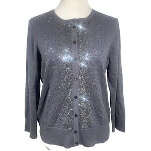 Cable & Gauge Sequin Cardigan Sweater Gray Silver 3/4 Sleeves Womens L